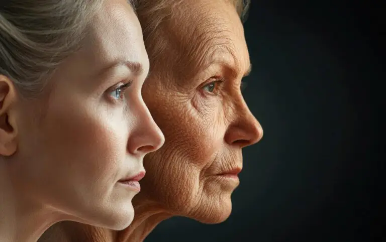 Молодая и пожилая женщина лицом к лицу — символ замедления старения и заботы о коже